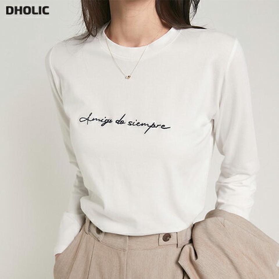 レタリング刺繍ラウンド長袖Tシャツ・t00154 レディース 【tops】トップス Tシャツ ラウンドネック 長袖 モダール混 ロゴ レタリング 刺繍 シンプル 可愛い かわいい 大人 フェミニン カジュアル 秋 冬 春 韓国ファッション