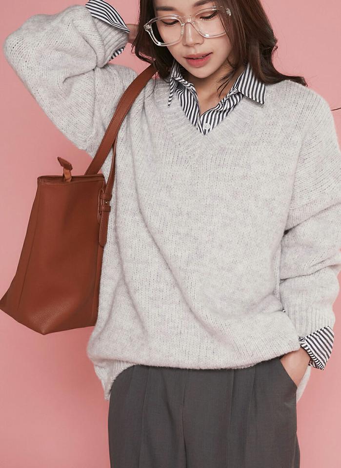 【新作10%OFF】Vネックルーズフィットメランジニット・t00165 レディース 【tops】トップス ニット Vネック 長袖 ドロップショルダー ルーズ メランジカラー リブヘム シンプル 無地 単色 大人 フェミニン カジュアル かわいい 可愛い 秋 冬 春 韓国ファッション SALE セール