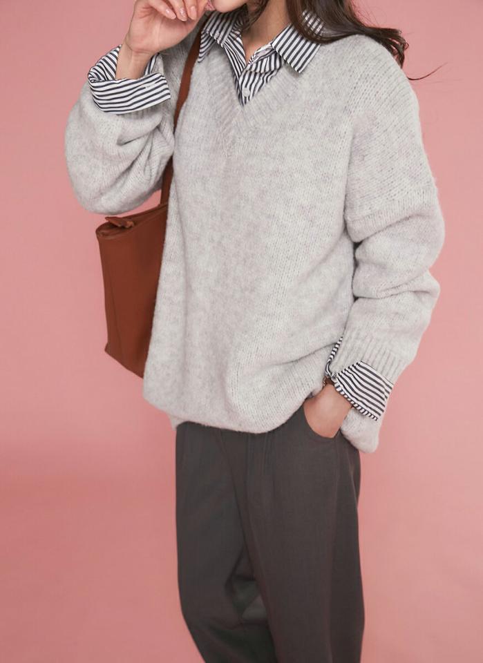 【新作10%OFF】Vネックルーズフィットメランジニット・t00165 レディース 【tops】トップス ニット Vネック 長袖 ドロップショルダー ルーズ メランジカラー リブヘム シンプル 無地 単色 大人 フェミニン カジュアル かわいい 可愛い 秋 冬 春 韓国ファッション SALE セール