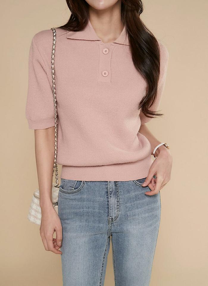 【新作10%OFF】ポロカラー5分袖リブニット・b00160 レディース 【tops】トップス ニット ポロカラー 5分袖 リブ ハーフスリーブ メリハリ シンプル 無地 単色 ベーシック 大人 フェミニン カジュアル かわいい 可愛い 秋 冬 春 韓国ファッション SALE セール