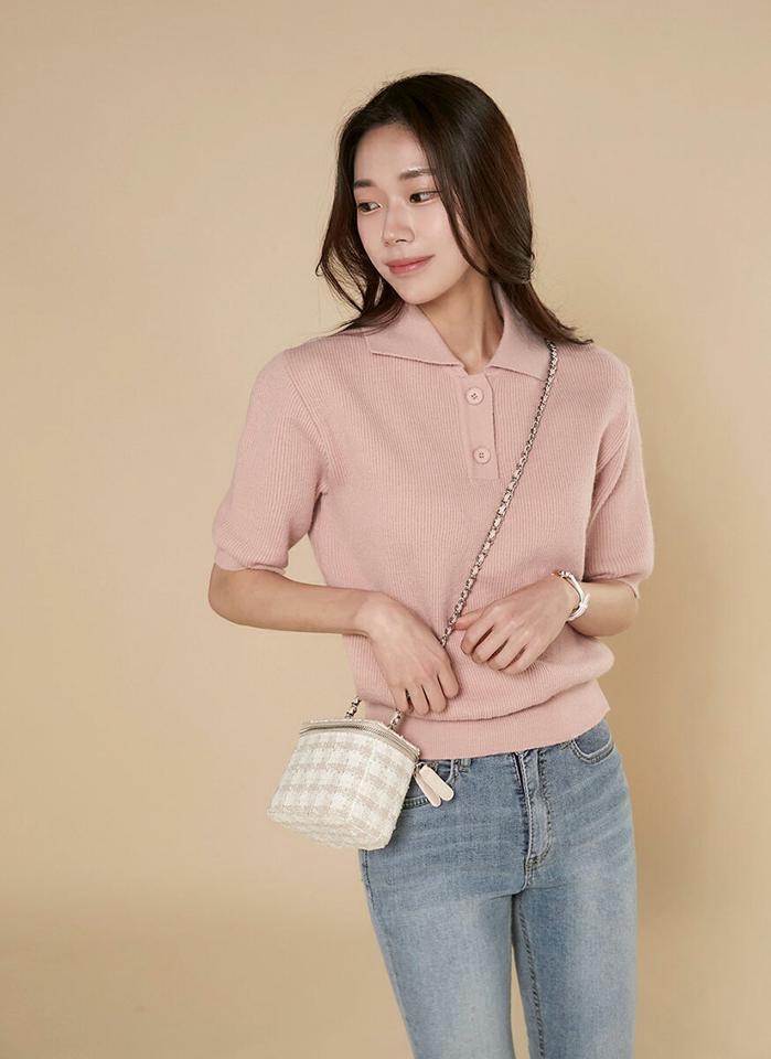 【新作10%OFF】ポロカラー5分袖リブニット・b00160 レディース 【tops】トップス ニット ポロカラー 5分袖 リブ ハーフスリーブ メリハリ シンプル 無地 単色 ベーシック 大人 フェミニン カジュアル かわいい 可愛い 秋 冬 春 韓国ファッション SALE セール
