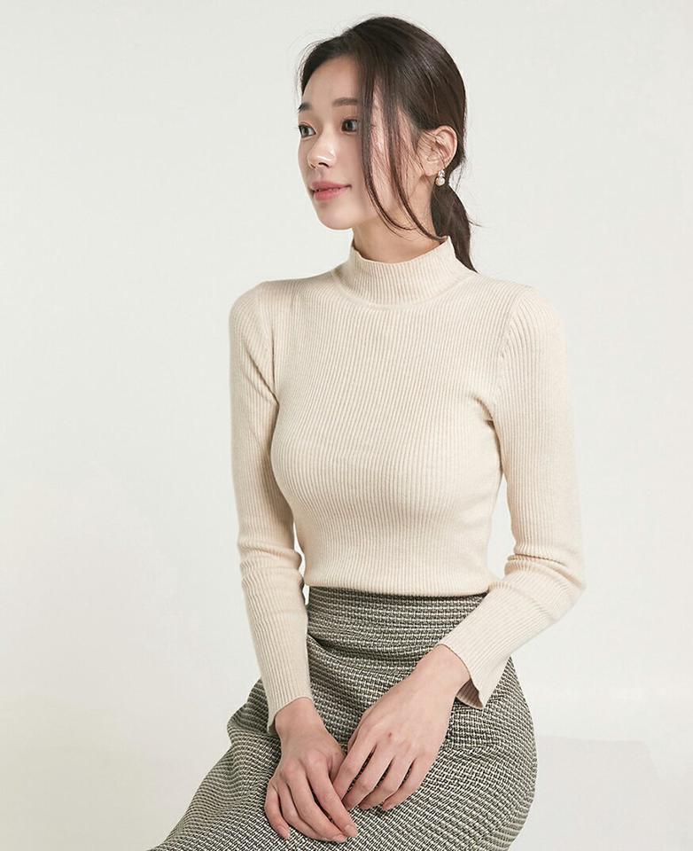 ハーフネックリブニット・b00161 レディース 【tops】トップス ニット ハーフネック 長袖 リブ スリム クロップド丈 シンプル 無地 単色 ベーシック 大人 フェミニン カジュアル かわいい 可愛い 秋 冬 春 韓国ファッション