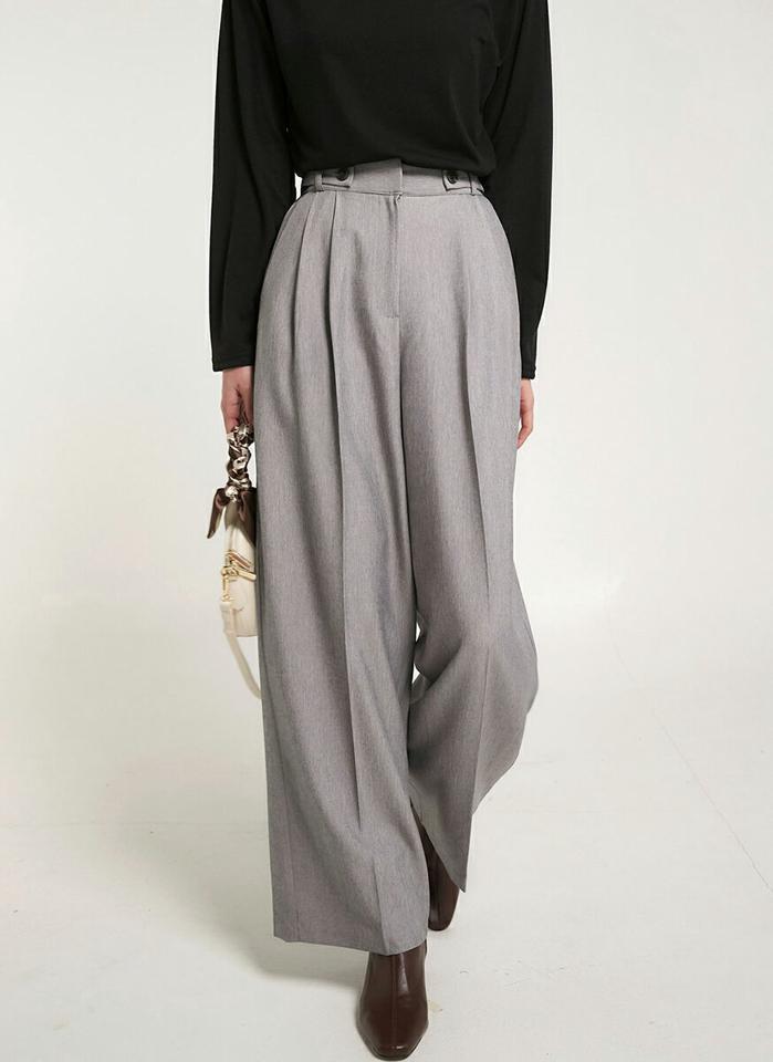 ボタンワイドスラックス・t00172 レディース 【pt】ボトムス ロング ロングパンツ スラックス ワイド ストレート ツータック メランジカラー ベルトループ 無地 単色 シンプル フェミニン カジュアル 秋 冬 春 韓国ファッション