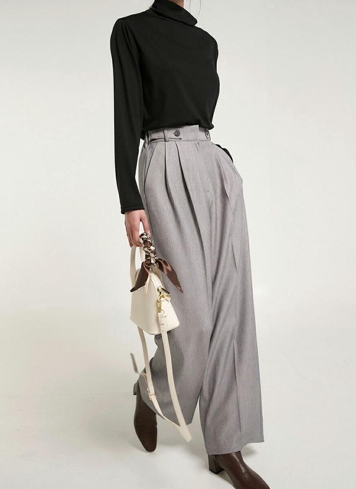 ボタンワイドスラックス・t00172 レディース 【pt】ボトムス ロング ロングパンツ スラックス ワイド ストレート ツータック メランジカラー ベルトループ 無地 単色 シンプル フェミニン カジュアル 秋 冬 春 韓国ファッション