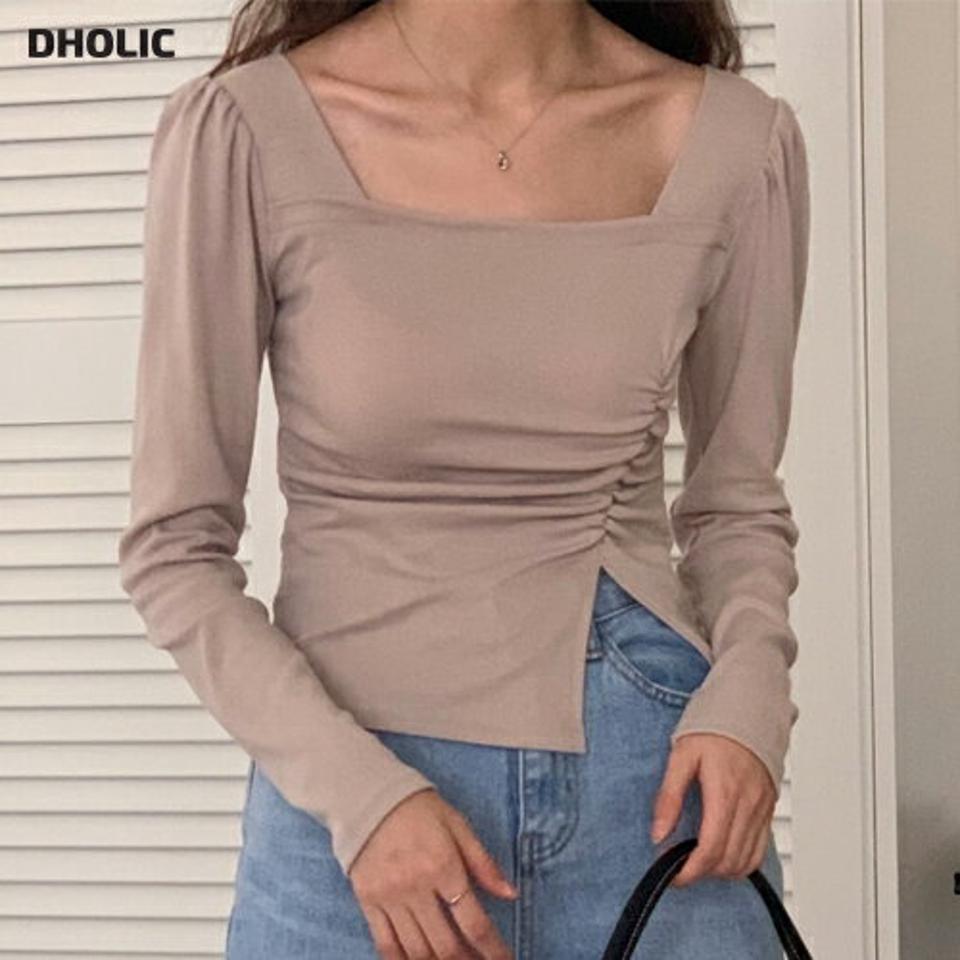 【10%OFF】スクエアスリットギャザー長袖Tシャツ・p001600 レディース 【tops】トップス Tシャツ 長袖 単色 無地 シンプル ベーシック スクエアネック 鎖骨 デコルテ ギャザー パフ袖 パフスリーブ 秋 冬 キュート ユニーク 韓国ファッション MKT kw