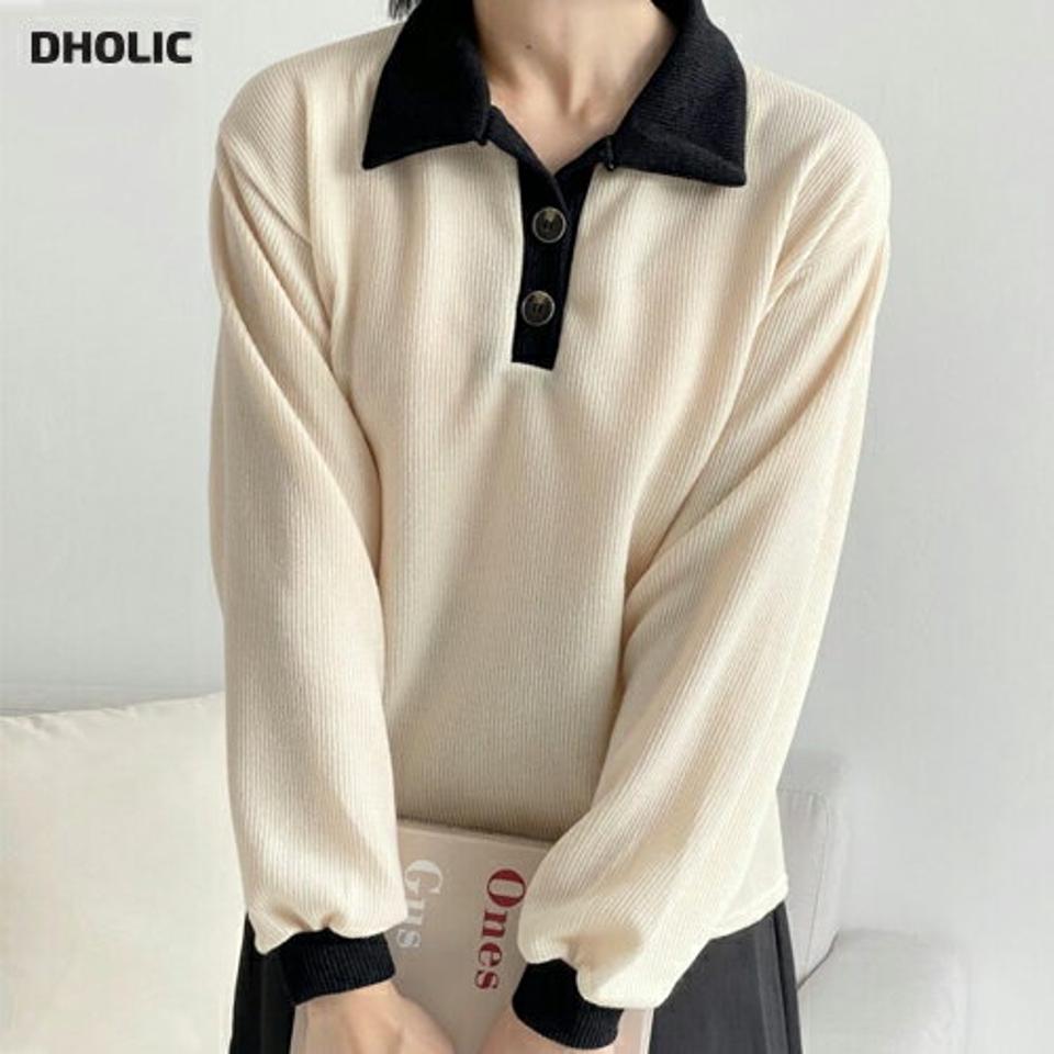 配色ポロカラー長袖Tシャツ・p001642 レディース 【tops】トップス Tシャツ 長袖 襟コン 襟 配色 柄 模様 バイカラー モノトーン ポロ襟 秋 冬 カジュアル かわいい 可愛い ラフ 韓国ファッション MKT