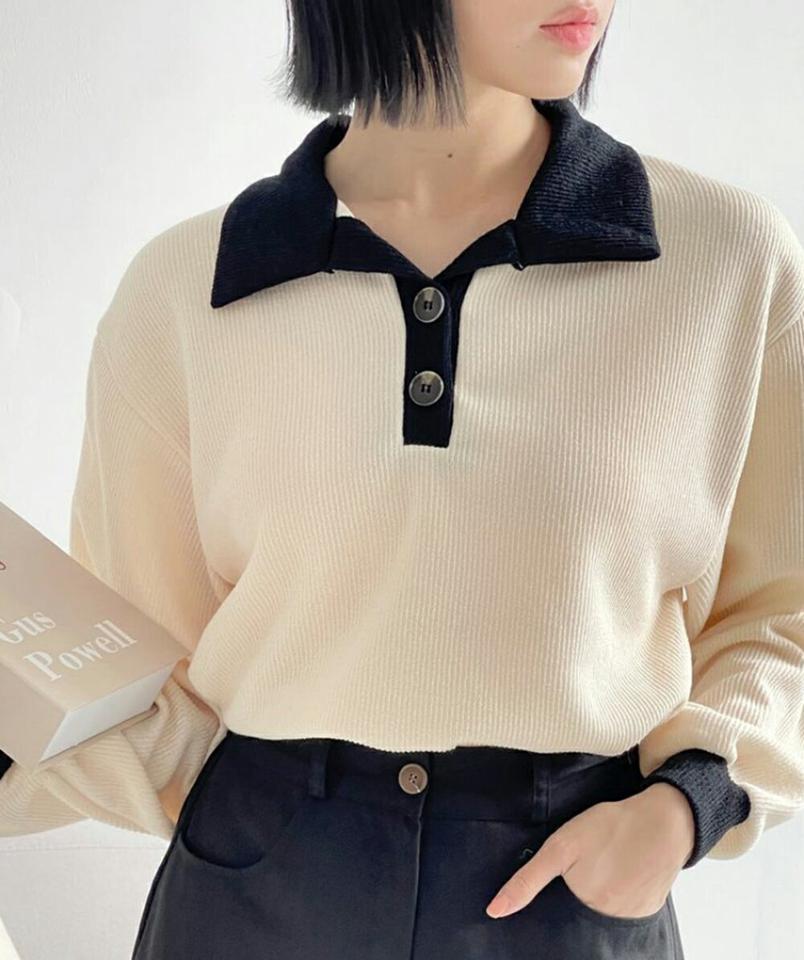 配色ポロカラー長袖Tシャツ・p001642 レディース 【tops】トップス Tシャツ 長袖 襟コン 襟 配色 柄 模様 バイカラー モノトーン ポロ襟 秋 冬 カジュアル かわいい 可愛い ラフ 韓国ファッション MKT