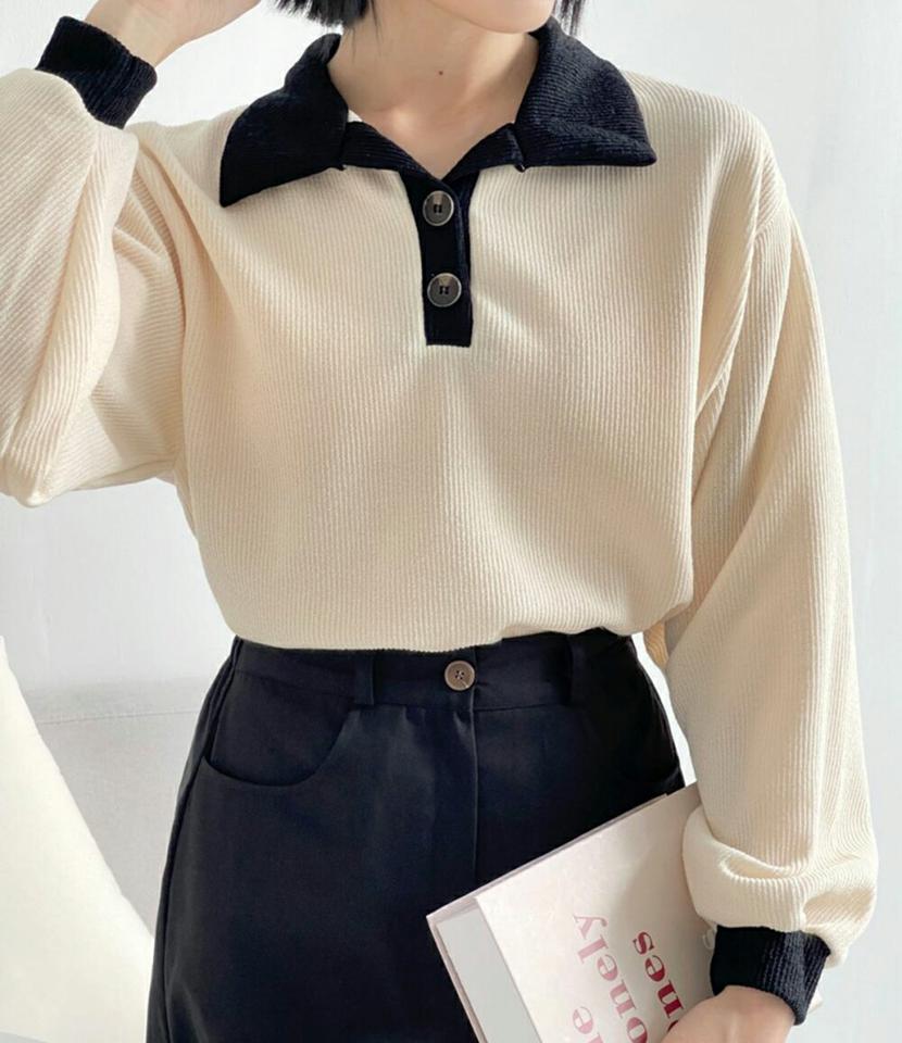 配色ポロカラー長袖Tシャツ・p001642 レディース 【tops】トップス Tシャツ 長袖 襟コン 襟 配色 柄 模様 バイカラー モノトーン ポロ襟 秋 冬 カジュアル かわいい 可愛い ラフ 韓国ファッション MKT