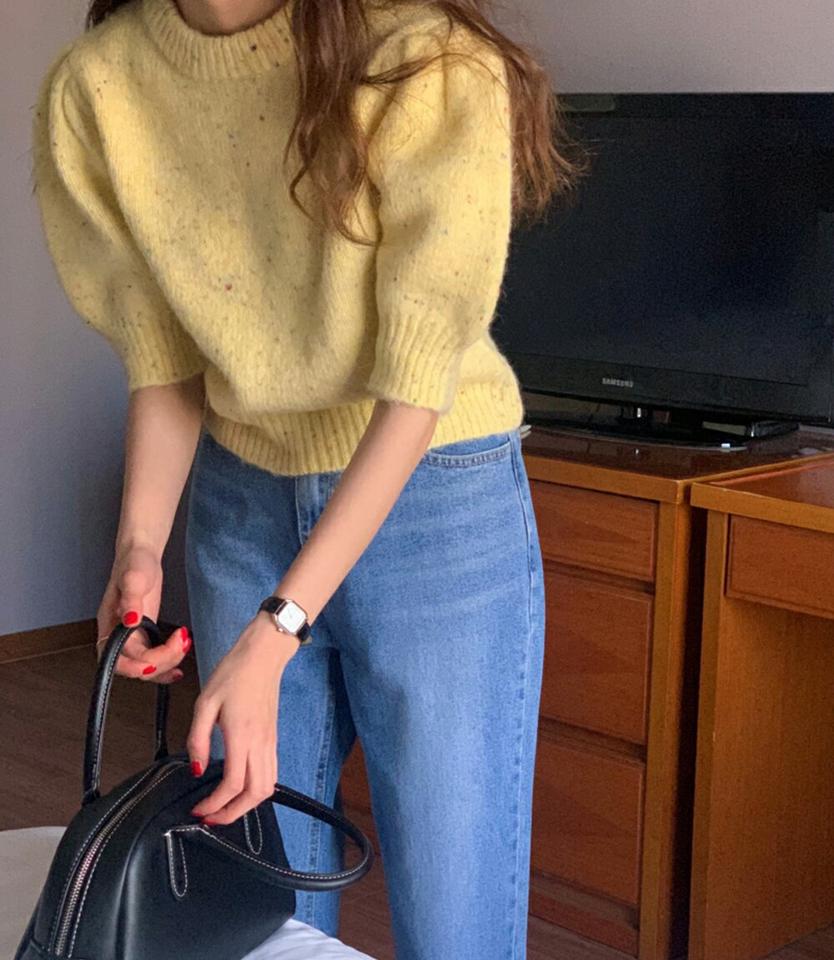 ウール混カラーミックスパフ半袖ニット・p001626 レディース 【tops】トップス ニット 半袖 柄 模様 ミックス ウール混 パフ袖 パフスリーブ ラウンドネック 秋 冬 かわいい 可愛い キュート 韓国ファッション MKT