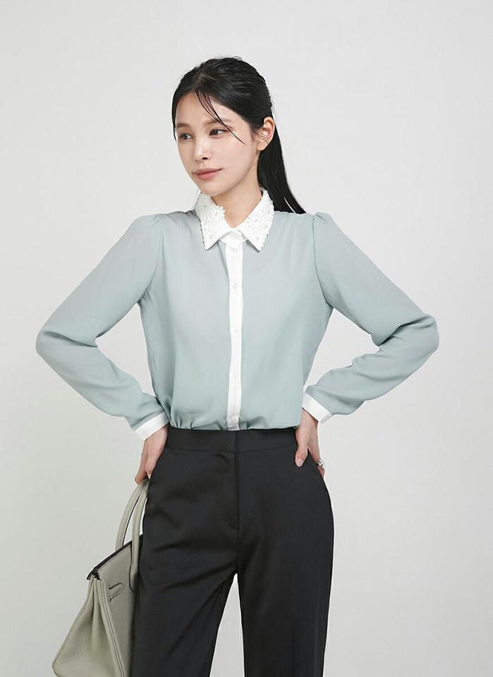 パール調花柄カラーネックブラウス・t00306 レディース 【bl】トップス ブラウス カラーネック 長袖 配色 花柄 フラワー フェイクパール ギャザー シンプル かわいい 可愛い 上品 大人 カジュアル フェミニン 秋 冬 春 韓国ファッション