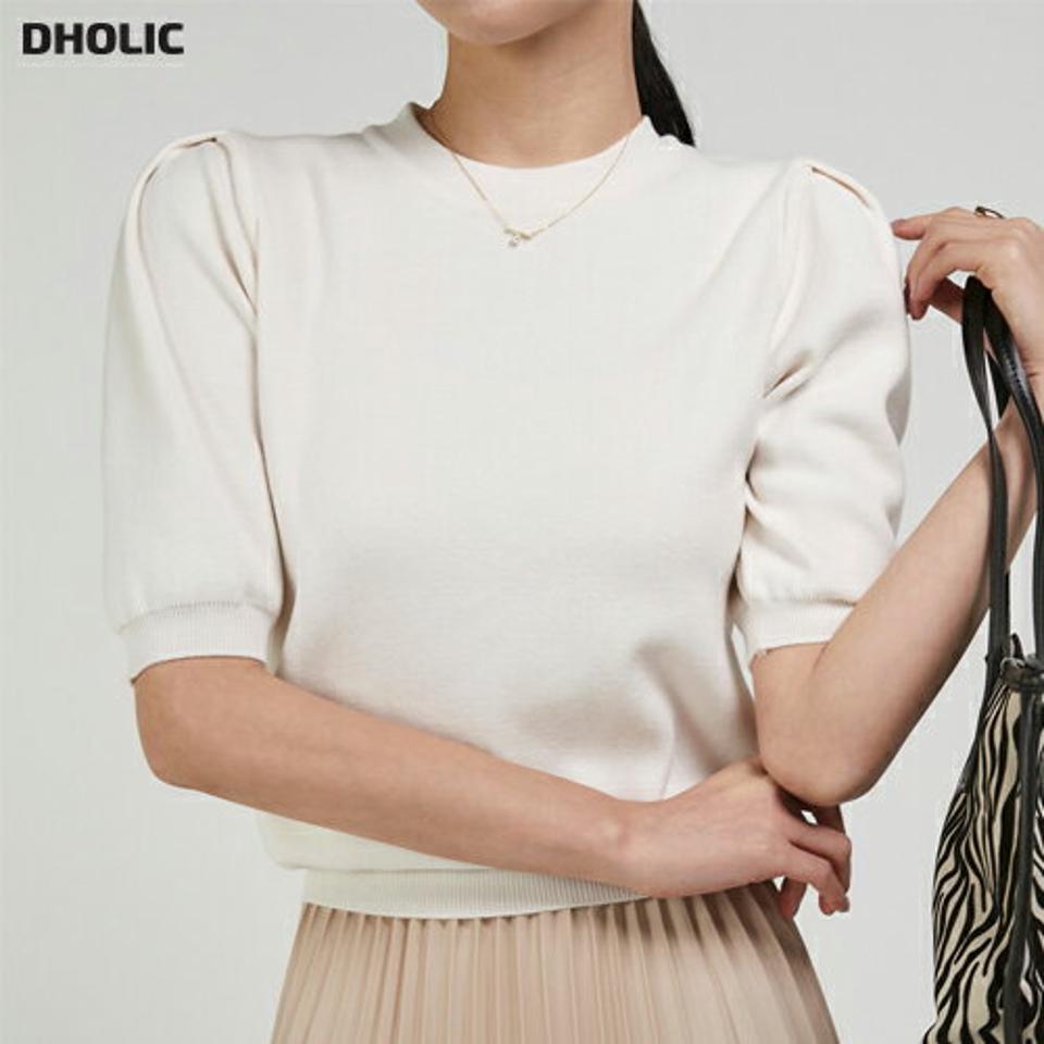 ラウンドパフ半袖ニット・t00297 レディース 【tops】トップス ニット ラウンドネック 半袖 パフ リブヘム 無地 単色 シンプル 大人 フェミニン カジュアル かわいい 可愛い 秋 冬 春 韓国ファッション