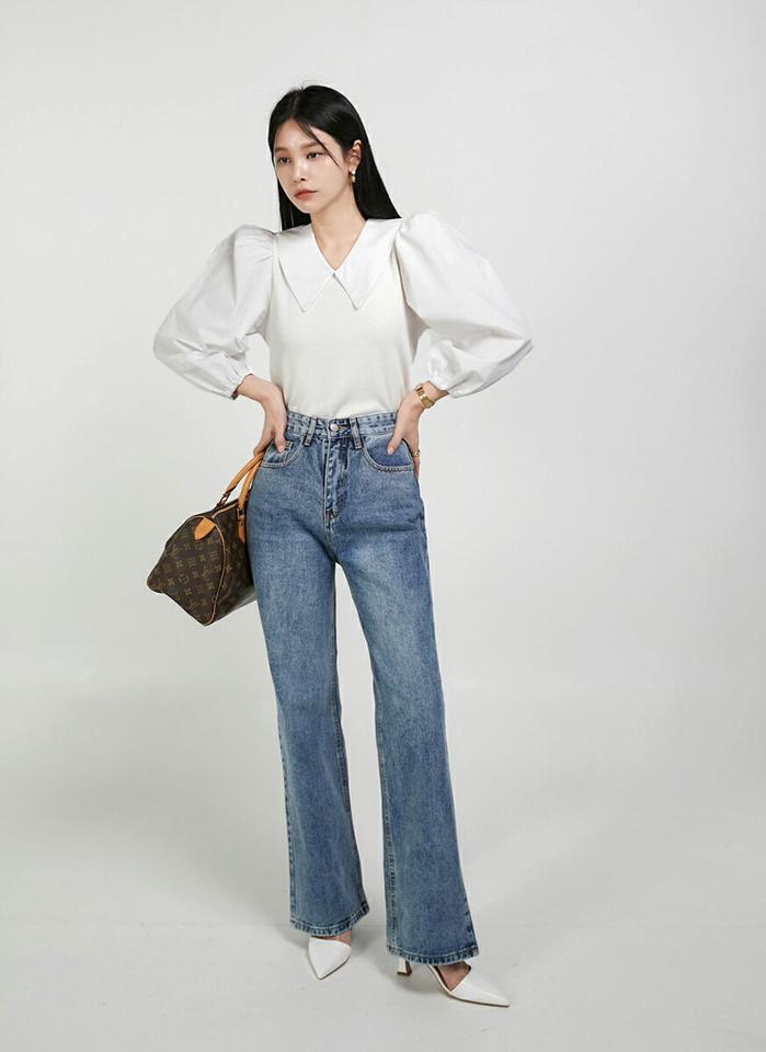 【新作10%OFF】ドッキングカラーパフブラウス・t00304 レディース 【bl】トップス ブラウス カラーネック 7分袖 パフ ドッキング クロップド丈 スリット ギャザー シンプル かわいい 可愛い 上品 大人 カジュアル フェミニン 秋 冬 春 韓国ファッション SALE セール