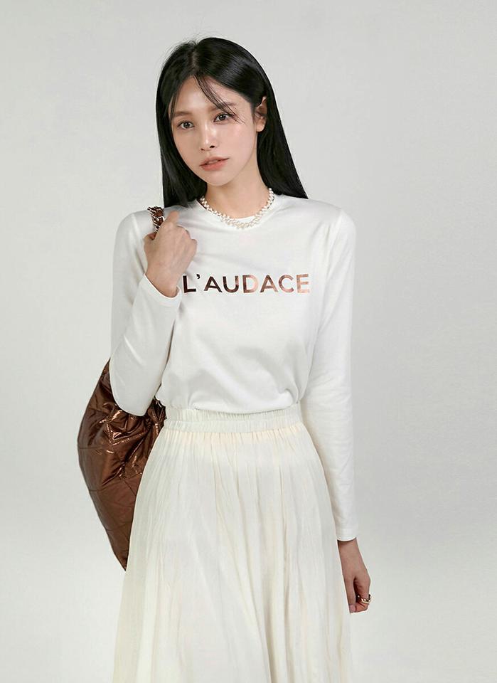 モダール混LAUDACE長袖Tシャツ・t00302 レディース 【tops】トップス Tシャツ ラウンドネック 長袖 グロッシーロゴ レタリング モダール混 シンプル 可愛い かわいい 大人 フェミニン カジュアル 秋 冬 春 韓国ファッション
