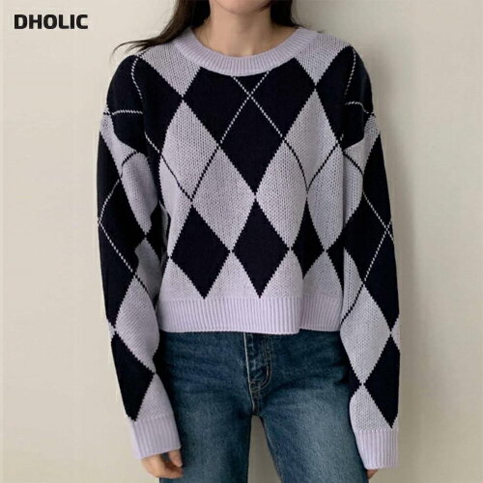 アーガイルラウンドニット・p001520 レディース 【tops】トップス ニット 長袖 柄 模様 アーガイル チェック ラウンドネック 秋 冬 キュート ゆったり 楽ちん ルーズ 韓国ファッション MKT