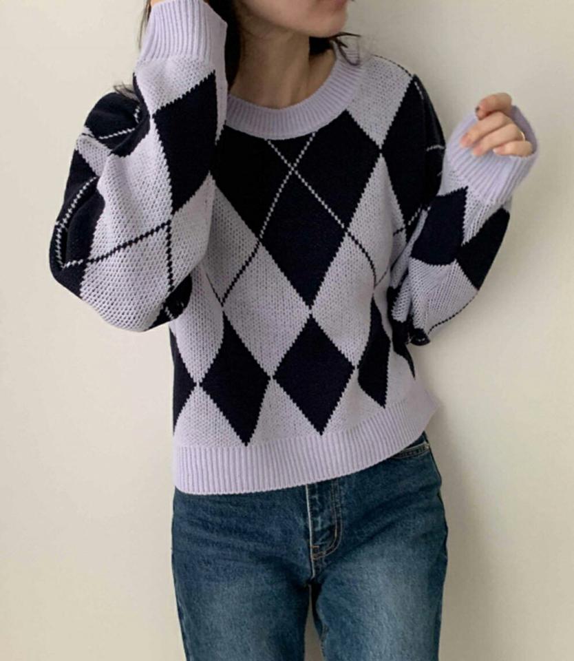 アーガイルラウンドニット・p001520 レディース 【tops】トップス ニット 長袖 柄 模様 アーガイル チェック ラウンドネック 秋 冬 キュート ゆったり 楽ちん ルーズ 韓国ファッション MKT