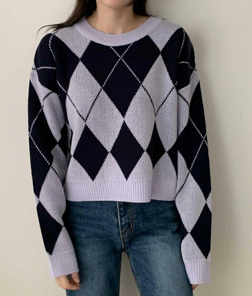 アーガイルラウンドニット・p001520 レディース 【tops】トップス ニット 長袖 柄 模様 アーガイル チェック ラウンドネック 秋 冬 キュート ゆったり 楽ちん ルーズ 韓国ファッション MKT