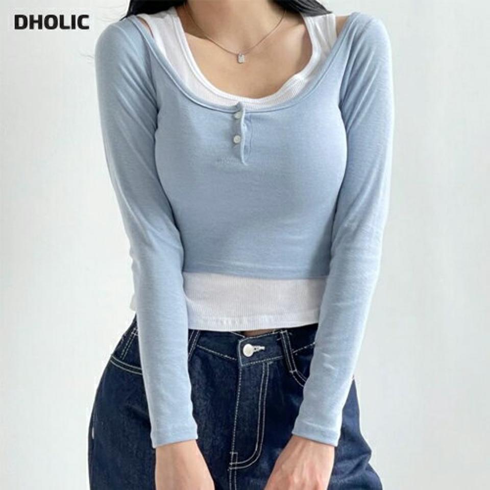 タンクトップ&ボタンクロップドTシャツSET・p001493 レディース 【tops】セット set タンクトップ 単色 無地 シンプル ベーシック Tシャツ 長袖 パステル クロップド丈 スリム 細身 タイト 秋 冬 ワイドネック 鎖骨 デコルテ 韓国ファッション MKT