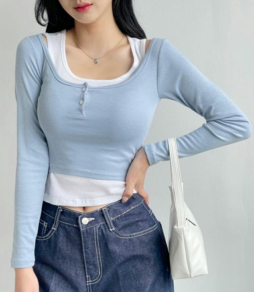 タンクトップ&ボタンクロップドTシャツSET・p001493 レディース 【tops】セット set タンクトップ 単色 無地 シンプル ベーシック Tシャツ 長袖 パステル クロップド丈 スリム 細身 タイト 秋 冬 ワイドネック 鎖骨 デコルテ 韓国ファッション MKT