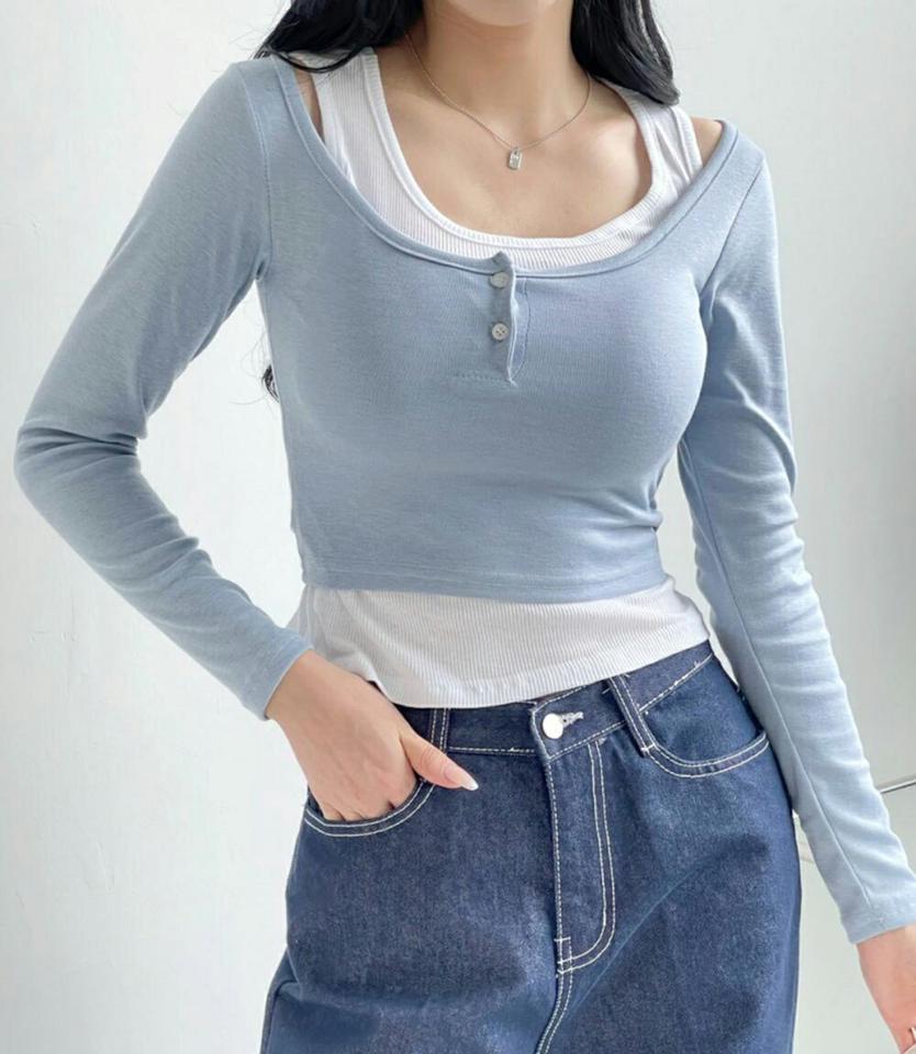 タンクトップ&ボタンクロップドTシャツSET・p001493 レディース 【tops】セット set タンクトップ 単色 無地 シンプル ベーシック Tシャツ 長袖 パステル クロップド丈 スリム 細身 タイト 秋 冬 ワイドネック 鎖骨 デコルテ 韓国ファッション MKT