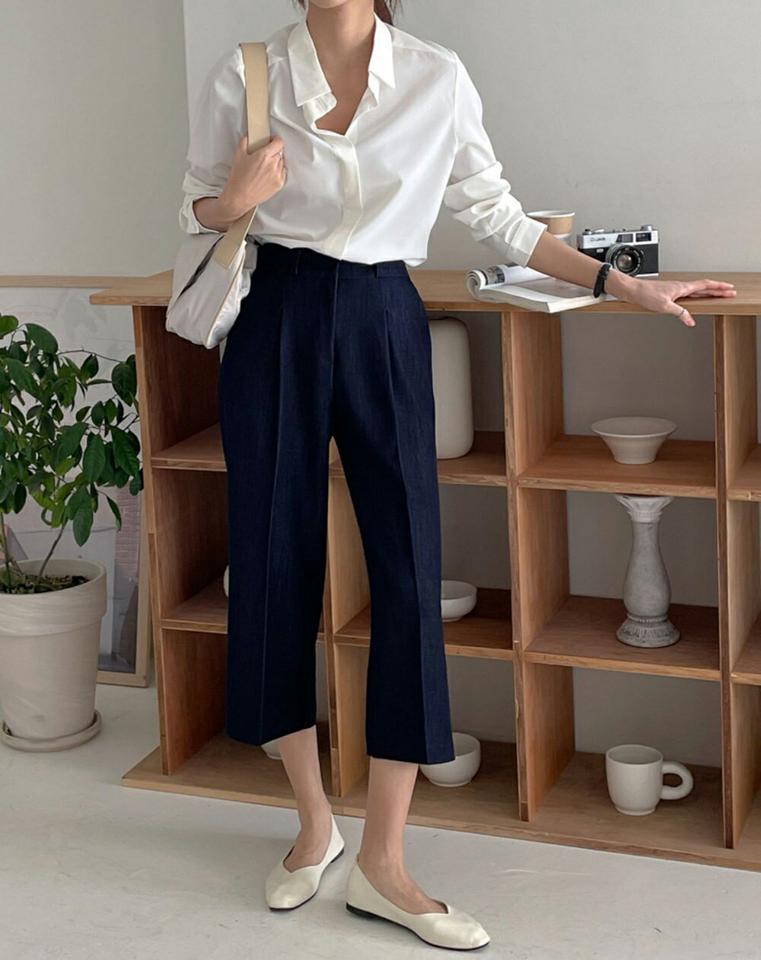 【マラソン特価】クロップドタックデニムパンツ・p001593 レディース 【pt】パンツ デニム 7分丈 七分丈 タック 単色 無地 シンプル ベーシック ワイド 春 夏 カジュアル ラフ ベルトループ 韓国ファッション MKT