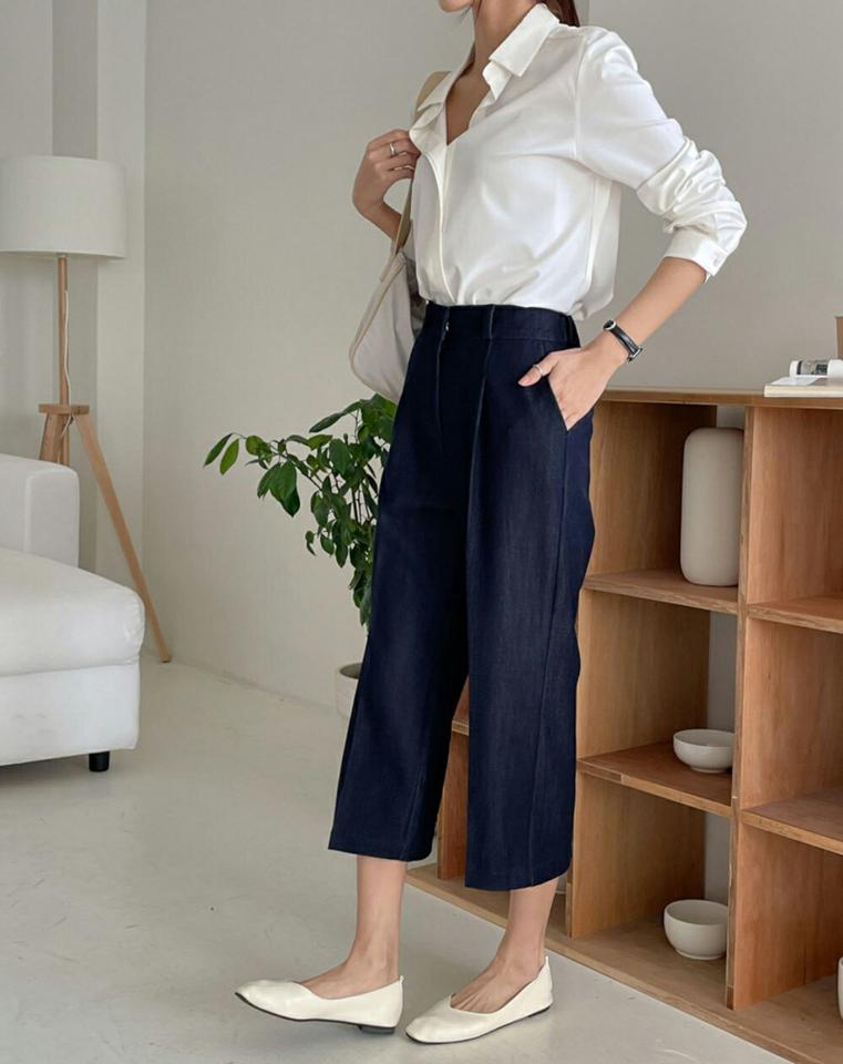 【マラソン特価】クロップドタックデニムパンツ・p001593 レディース 【pt】パンツ デニム 7分丈 七分丈 タック 単色 無地 シンプル ベーシック ワイド 春 夏 カジュアル ラフ ベルトループ 韓国ファッション MKT