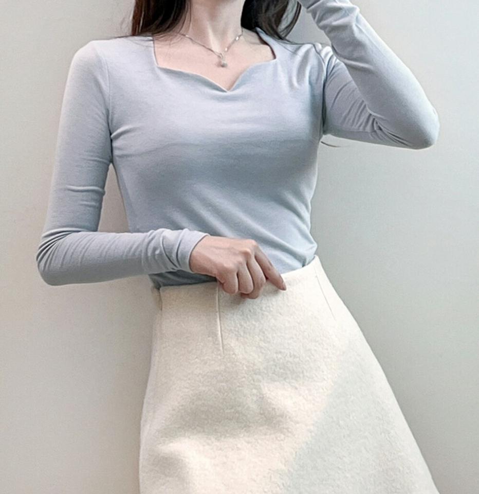 ハートネックスリム長袖Tシャツ・p001582 レディース 【tops】トップス Tシャツ 長袖 単色 無地 シンプル ベーシック スリム 細身 タイト ハートネック 鎖骨 デコルテ 秋 冬 キュート かわいい 可愛い 韓国ファッション MKT