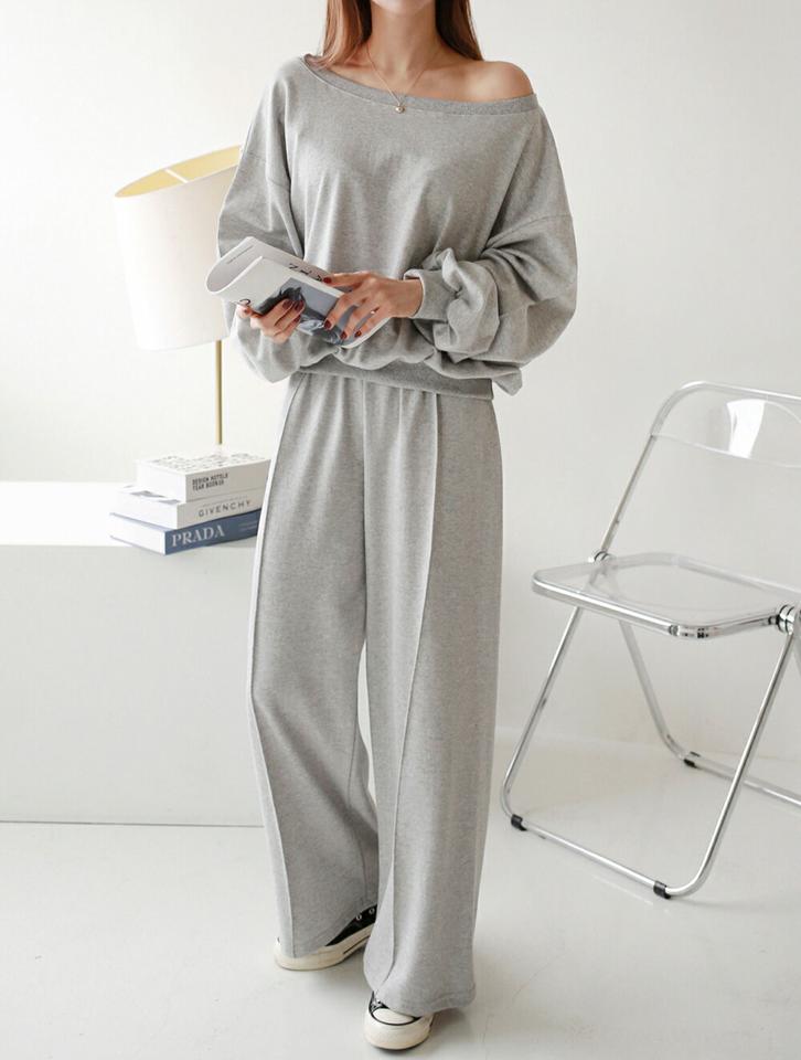【マラソン特価】2WAYスウェット&ワイドパンツSET・p001621 レディース 【pt】セットアップ セット setup トップス スウェット トレーナー 長袖 単色 無地 ボートネック オフショルダー 鎖骨 デコルテ パンツ ロング丈 秋 冬 カジュアル 韓国ファッション MKT セール