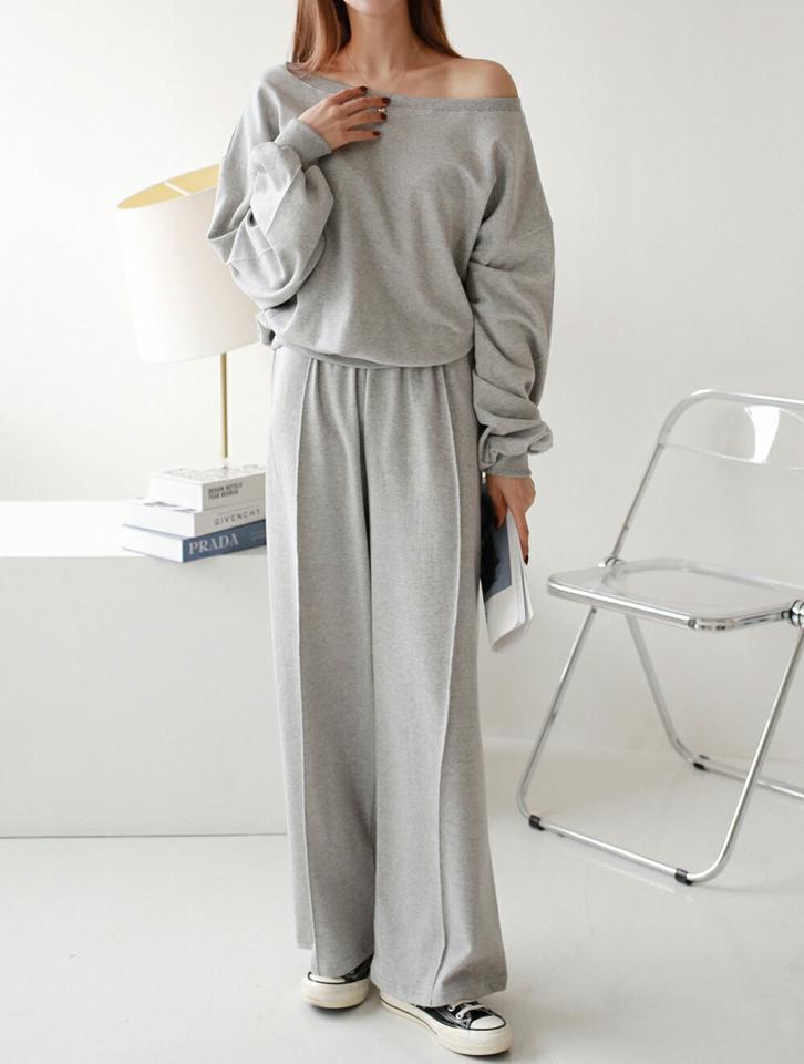 【マラソン特価】2WAYスウェット&ワイドパンツSET・p001621 レディース 【pt】セットアップ セット setup トップス スウェット トレーナー 長袖 単色 無地 ボートネック オフショルダー 鎖骨 デコルテ パンツ ロング丈 秋 冬 カジュアル 韓国ファッション MKT セール