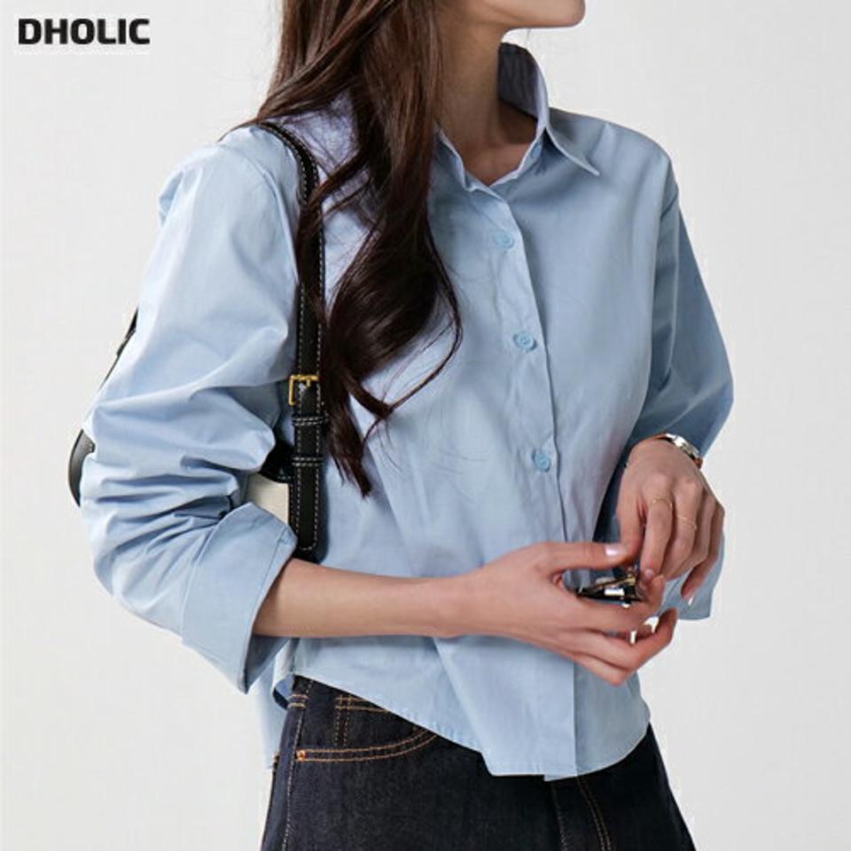 クロップドコットンシャツ・t00567 レディース 【bl】トップス シャツ カラーネック 長袖 ラウンドヘム スリット コットン 綿 クロップド丈 無地 単色 ベーシック シンプル カジュアル フェミニン 可愛い かわいい 秋 冬 春 韓国ファッション