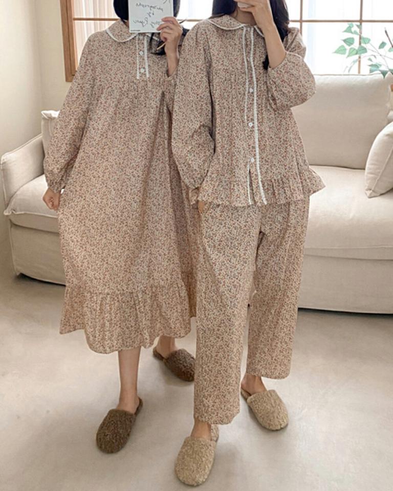 花柄レース配色パジャマSET・p001729 レディース 【uw】パジャマ ルームウェア 部屋着 寝巻 セット セットアップ setup トップス シャツ 長袖 柄 模様 花柄 総柄 レース フリル 配色 パンツ ロング丈 秋 冬 キュート 韓国ファッション MKT