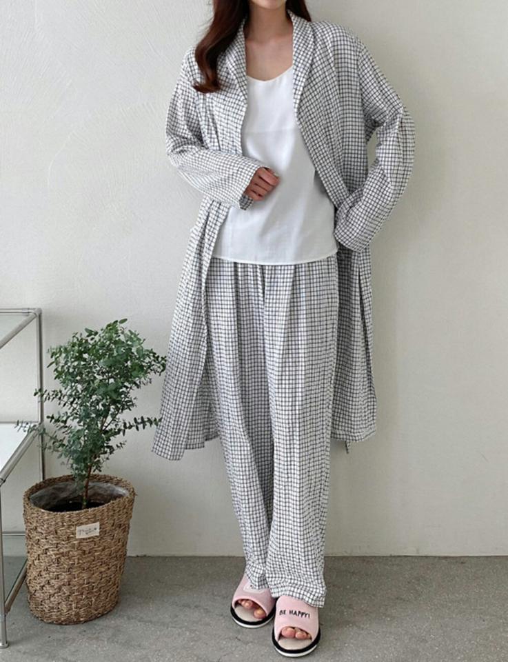ストラップ付チェック柄パジャマSET・p001733 レディース 【uw】パジャマ セット セットアップ ルームウェア 部屋着 寝巻 シャツ トップス 長袖 柄 模様 チェック ロング丈 パンツ ロング丈 秋 冬 カジュアル 韓国ファッション MKT
