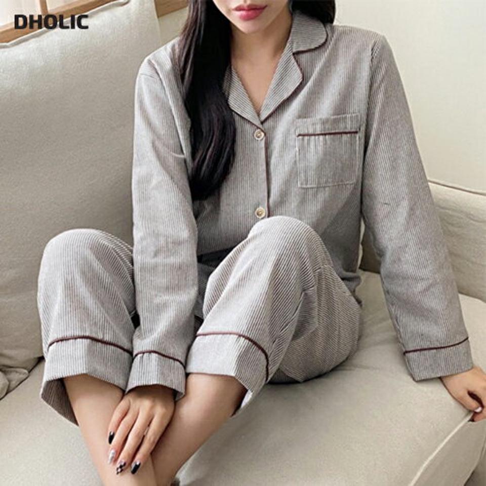 配色ストライプコットンパジャマSET・p001734 レディース 【uw】パジャマ 部屋着 ルームウェア 寝巻 セット セットアップ コットン 長袖 トップス シャツ 配色 ストライプ 柄 模様 パンツ ロング丈 秋 冬 楽ちん 韓国ファッション MKT