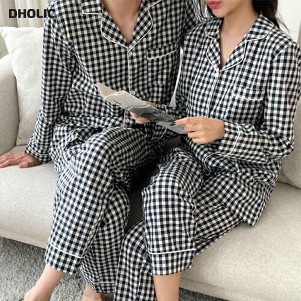 チェック柄コットンパジャマSET・p001735 レディース 【uw】セットアップ セット setup トップス シャツ 長袖 柄 模様 チェック ギンガムチェック パンツ ロング丈 秋 冬 カジュアル キュート モノトーン 韓国ファッション MKT