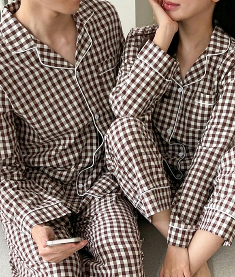 チェック柄コットンパジャマSET・p001735 レディース 【uw】セットアップ セット setup トップス シャツ 長袖 柄 模様 チェック ギンガムチェック パンツ ロング丈 秋 冬 カジュアル キュート モノトーン 韓国ファッション MKT