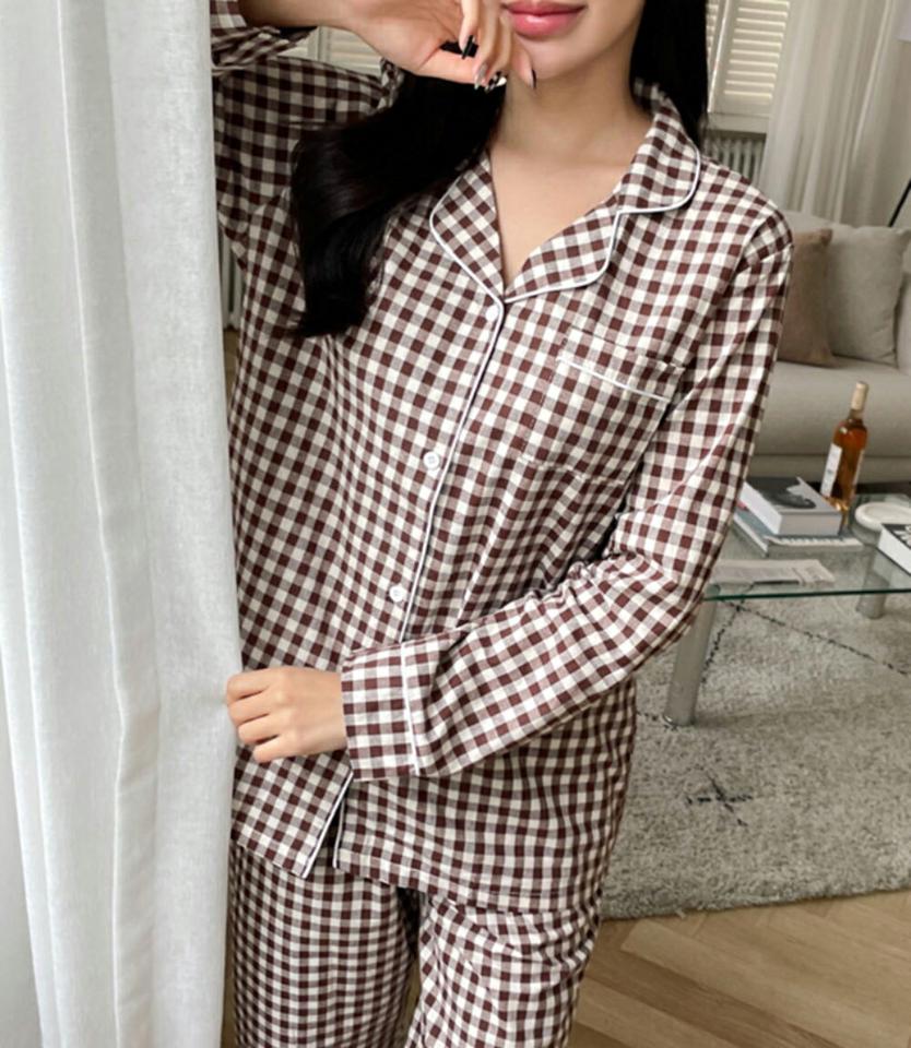 チェック柄コットンパジャマSET・p001735 レディース 【uw】セットアップ セット setup トップス シャツ 長袖 柄 模様 チェック ギンガムチェック パンツ ロング丈 秋 冬 カジュアル キュート モノトーン 韓国ファッション MKT
