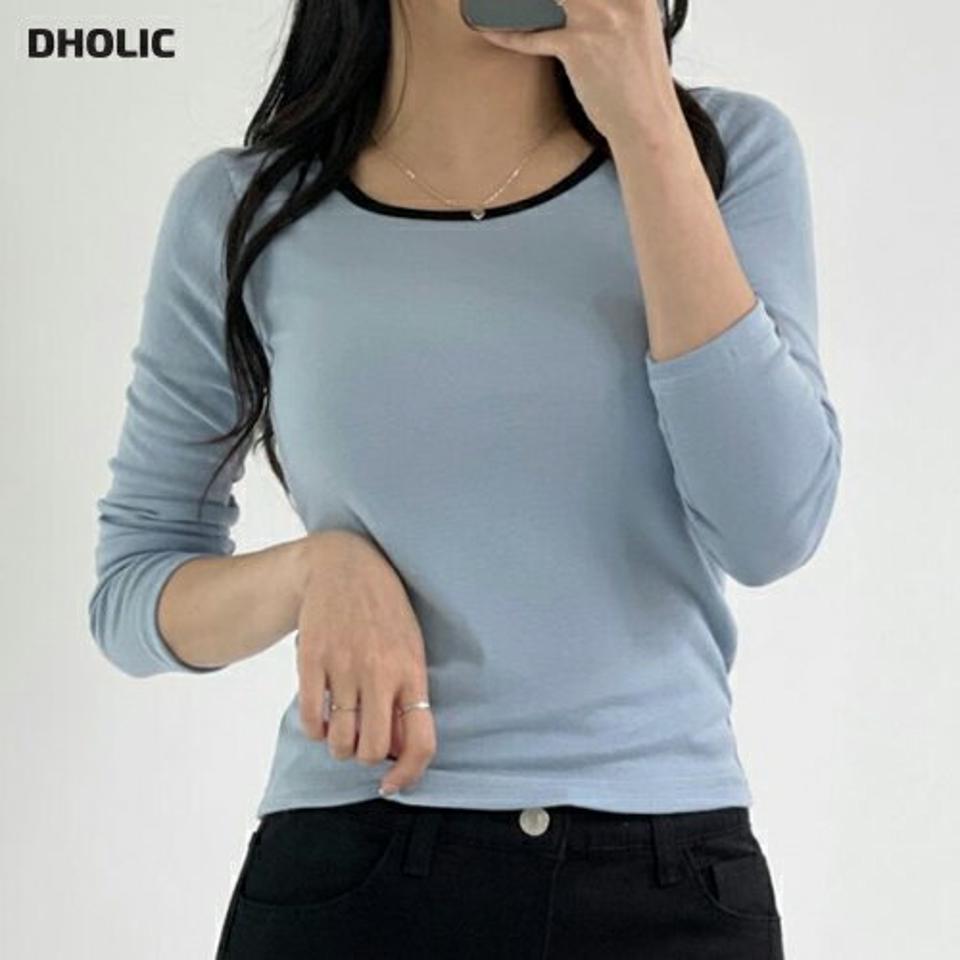 配色ネックライン長袖Tシャツ・p001741 レディース 【tops】トップス Tシャツ 長袖 柄 模様 配色 鎖骨 デコルテ パステル 秋 冬 カジュアル かわいい 可愛い スリム 細身 タイト 韓国ファッション MKT