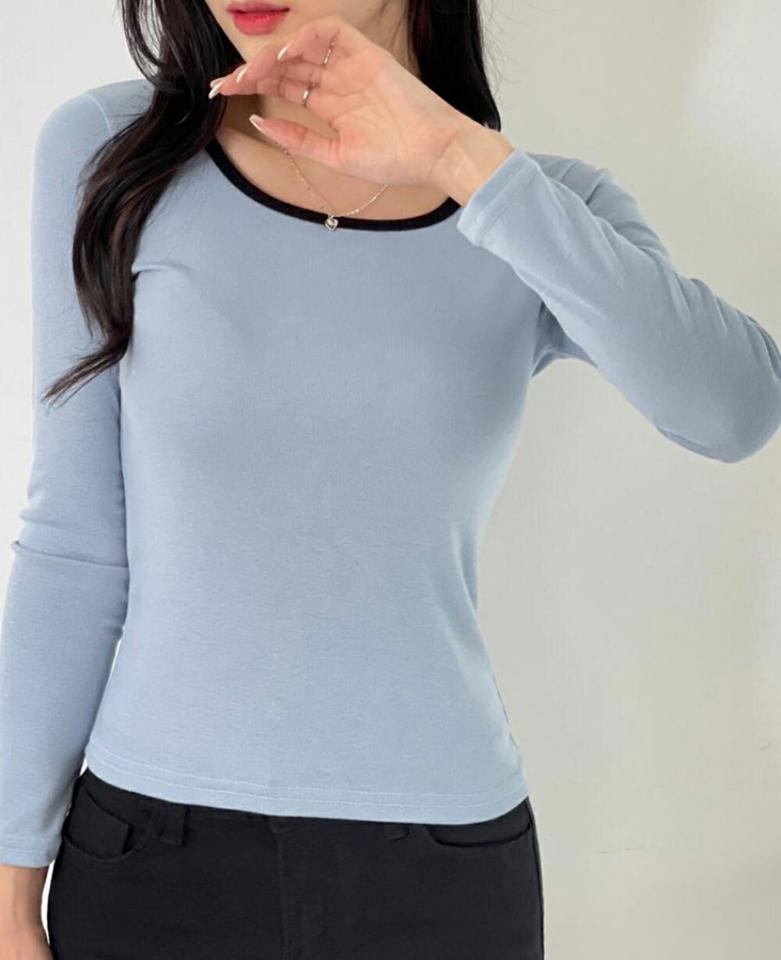 配色ネックライン長袖Tシャツ・p001741 レディース 【tops】トップス Tシャツ 長袖 柄 模様 配色 鎖骨 デコルテ パステル 秋 冬 カジュアル かわいい 可愛い スリム 細身 タイト 韓国ファッション MKT