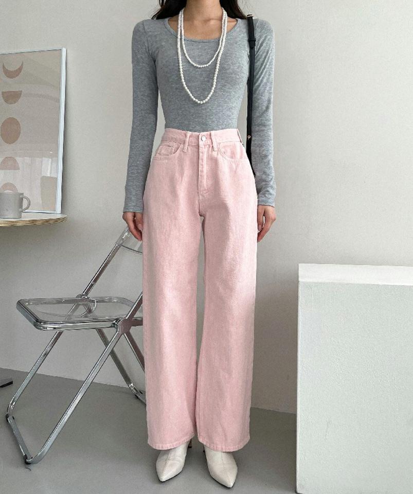 パステルコットンデニムパンツ・p001596 レディース 【pt】パンツ ロング丈 単色 無地 シンプル ベーシック コットン 綿 デニム パステル ワイド 秋 冬 フルレングス かわいい 可愛い カラーパンツ 韓国ファッション MKT