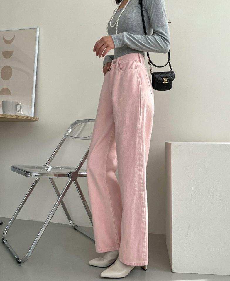 パステルコットンデニムパンツ・p001596 レディース 【pt】パンツ ロング丈 単色 無地 シンプル ベーシック コットン 綿 デニム パステル ワイド 秋 冬 フルレングス かわいい 可愛い カラーパンツ 韓国ファッション MKT