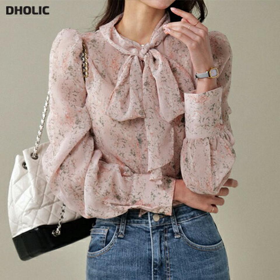2WAY花柄リボンネックブラウス・b00568 レディース 【bl】トップス ブラウス リボンネック 長袖 パフ 花柄 フラワー シアー ギャザー スリット シンプル 大人 かわいい 可愛い カジュアル フェミニン 秋 冬 春 韓国ファッション