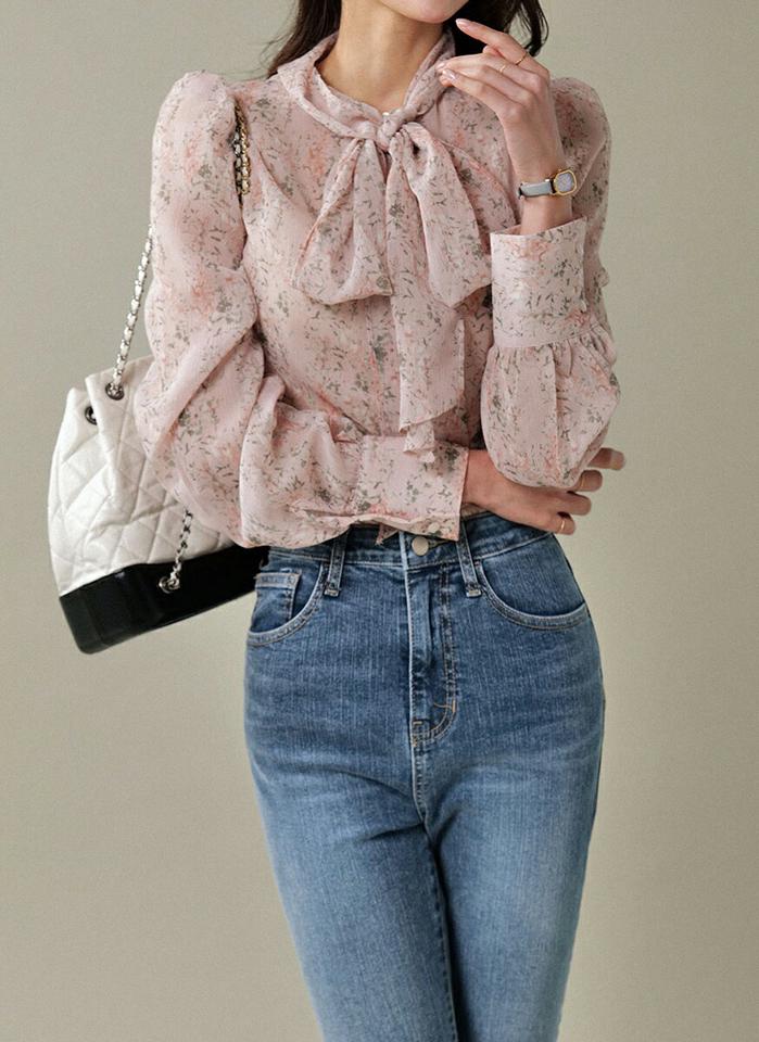 2WAY花柄リボンネックブラウス・b00568 レディース 【bl】トップス ブラウス リボンネック 長袖 パフ 花柄 フラワー シアー ギャザー スリット シンプル 大人 かわいい 可愛い カジュアル フェミニン 秋 冬 春 韓国ファッション