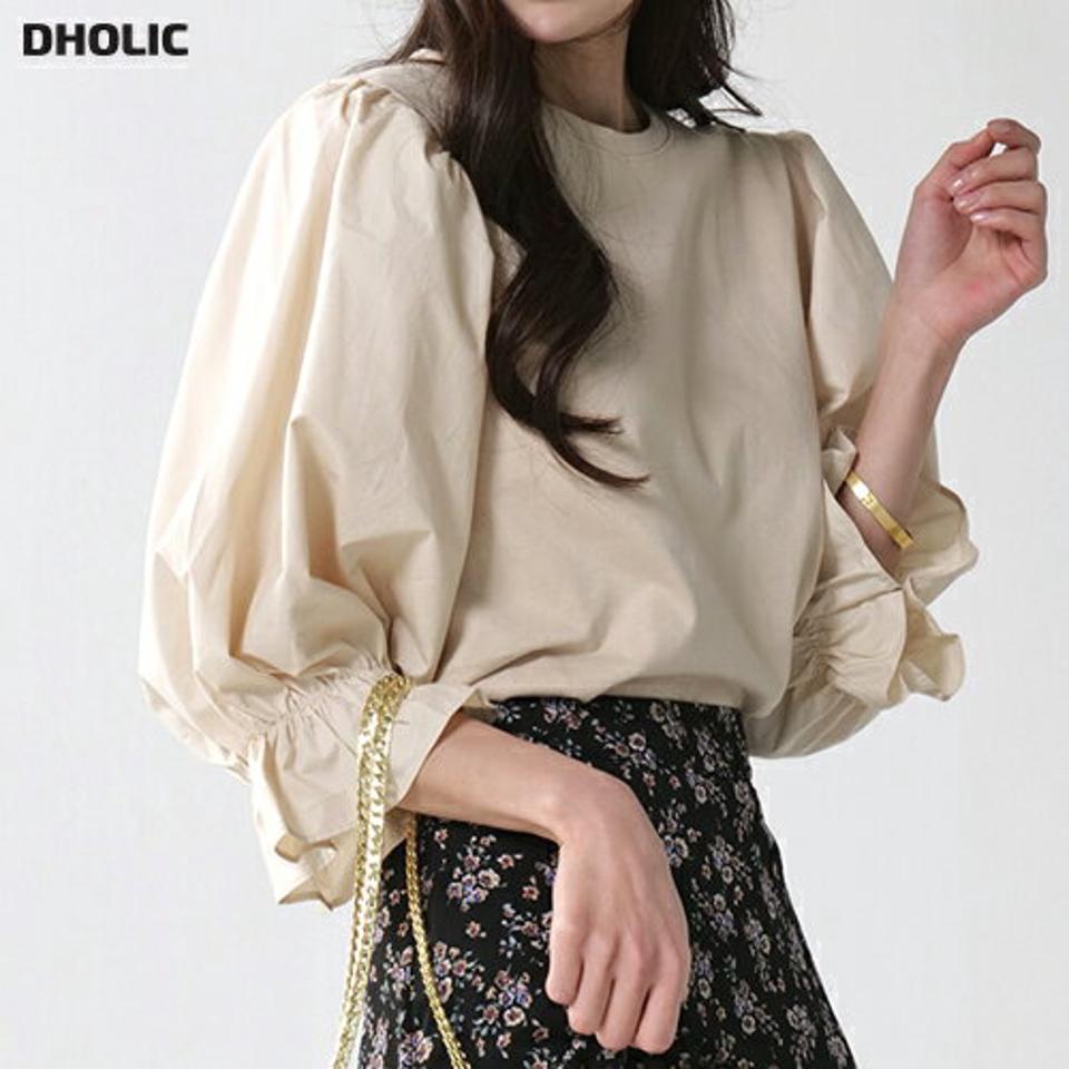【スーパーセール特価】パフラウンド長袖Tシャツ・b00561 レディース 【tops】トップス Tシャツ ラウンドネック 7分袖 パフ コットン 綿 ギャザー 無地 単色 シンプル 可愛い かわいい 大人 フェミニン カジュアル ガーリー 秋 冬 春 韓国ファッション