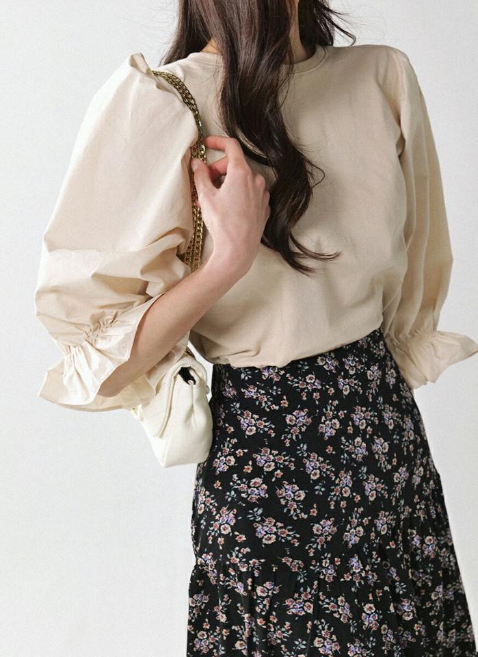 【スーパーセール特価】パフラウンド長袖Tシャツ・b00561 レディース 【tops】トップス Tシャツ ラウンドネック 7分袖 パフ コットン 綿 ギャザー 無地 単色 シンプル 可愛い かわいい 大人 フェミニン カジュアル ガーリー 秋 冬 春 韓国ファッション
