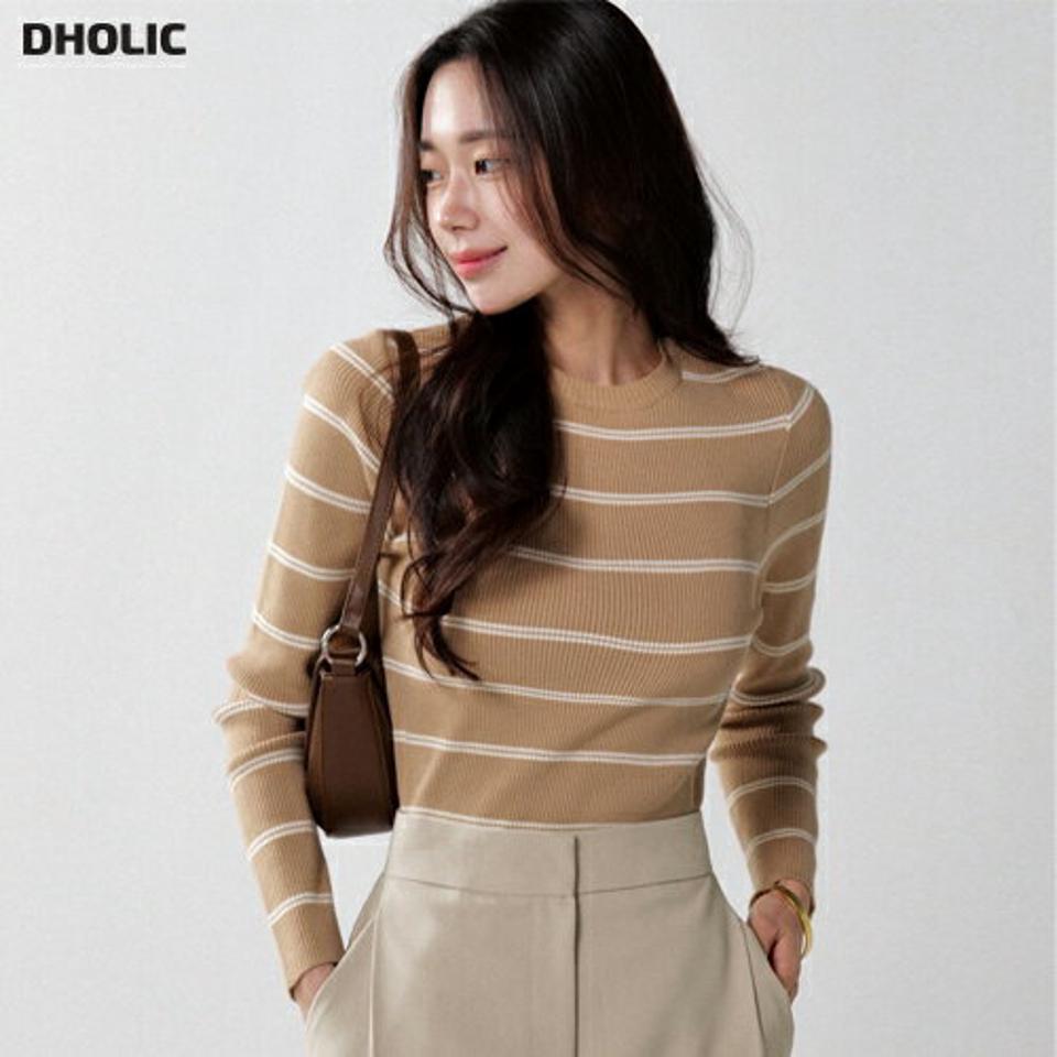 ダブルボーダースリムリブニット・t00571 レディース 【tops】トップス ニット ラウンドネック 長袖 ソフトタッチ ボーダー柄 柄ニット スリム リブ シンプル 大人 フェミニン カジュアル かわいい 可愛い 秋 冬 春 韓国ファッション