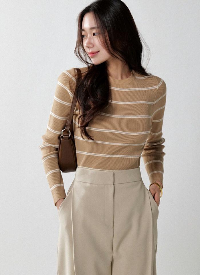 ダブルボーダースリムリブニット・t00571 レディース 【tops】トップス ニット ラウンドネック 長袖 ソフトタッチ ボーダー柄 柄ニット スリム リブ シンプル 大人 フェミニン カジュアル かわいい 可愛い 秋 冬 春 韓国ファッション