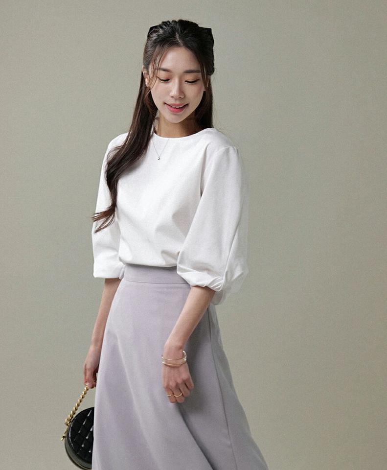 ラウンドツイストパフTシャツ・b00560 レディース 【tops】トップス Tシャツ ラウンドネック 7分袖 パフ ツイスト 無地 単色 シンプル 可愛い かわいい 大人 フェミニン カジュアル 秋 冬 春 韓国ファッション