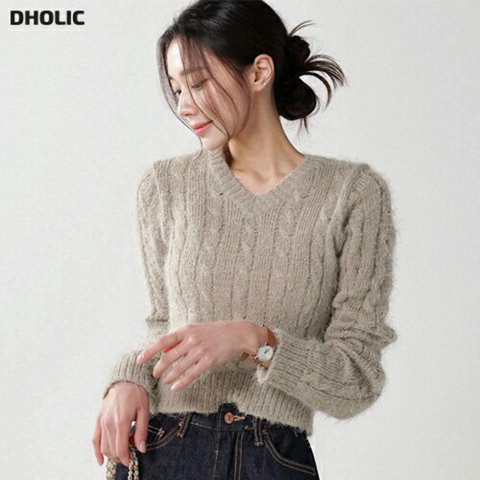 Vネッククロップドケーブルニット・t00570 レディース 【tops】トップス ニット Vネック 長袖 ソフトタッチ リブヘム ケーブル編み クロップド丈 シンプル 大人 フェミニン カジュアル かわいい 可愛い デイリー 秋 冬 春 韓国ファッション
