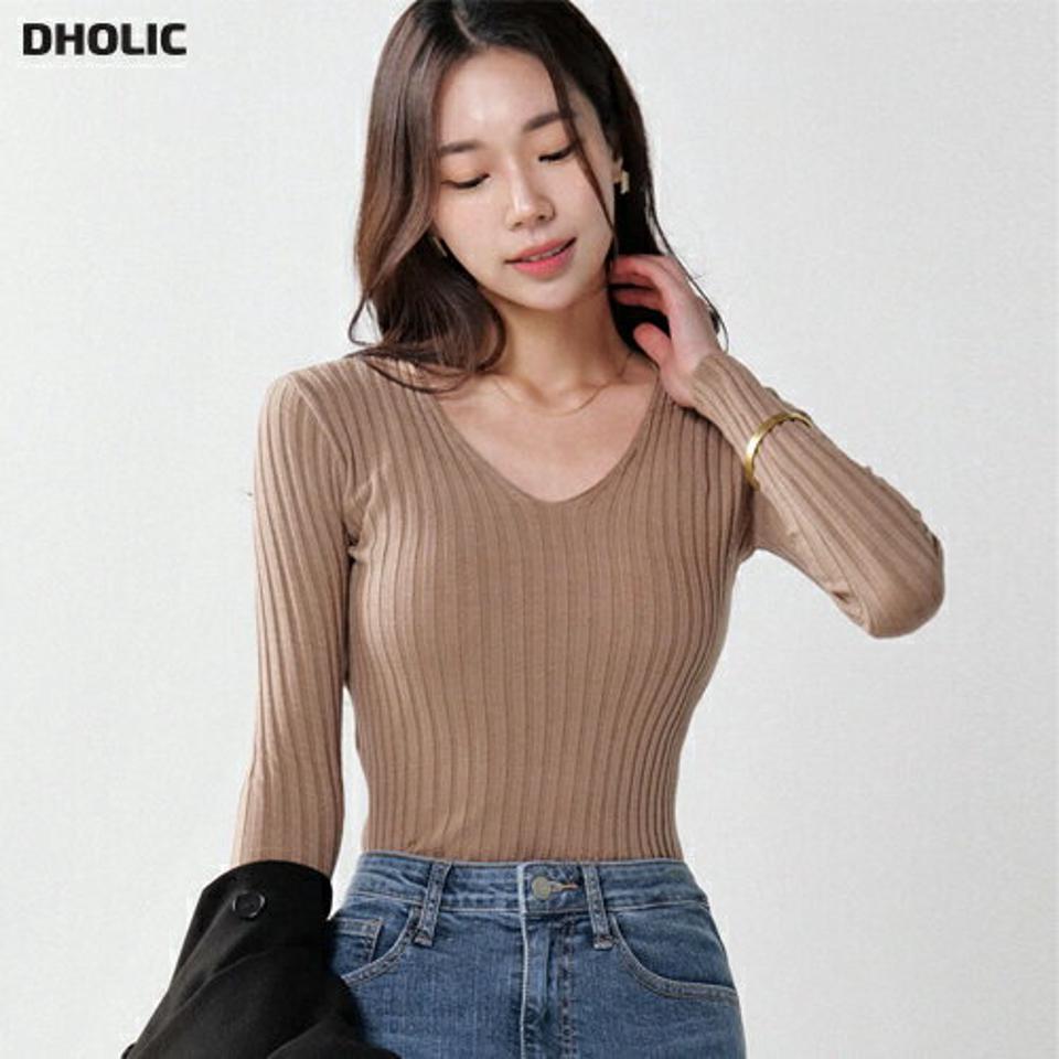 Vネックリブスリムニット・b00107 レディース 【tops】トップス ニット Vネック 長袖 リブ スリム 無地 単色 ベーシック シンプル 大人 フェミニン カジュアル かわいい 可愛い 秋 冬 春 韓国ファッション