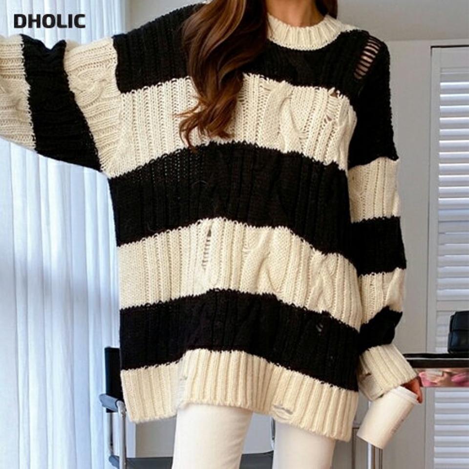 【只今10%OFF】ウール混ボーダーケーブルルーズニット・p001538 レディース 【tops】トップス ニット 長袖 柄 模様 ボーダー ウール混 ボーダー ケーブルニット ケーブル編み ドロップショルダー ミドル丈 秋 冬 ルーズ 韓国ファッション MKT セール
