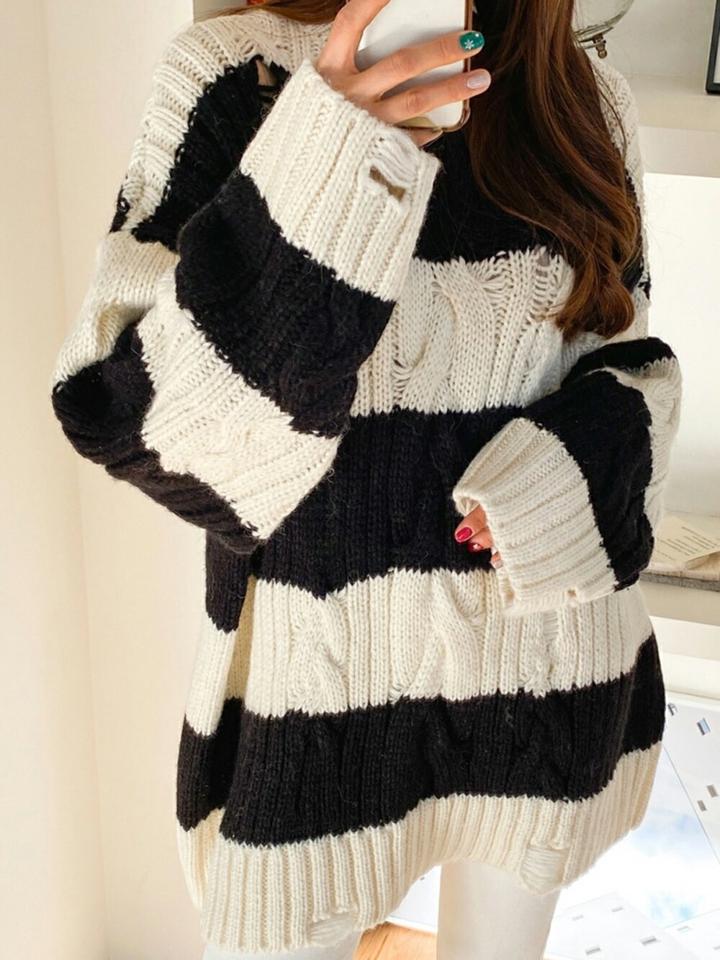 【只今10%OFF】ウール混ボーダーケーブルルーズニット・p001538 レディース 【tops】トップス ニット 長袖 柄 模様 ボーダー ウール混 ボーダー ケーブルニット ケーブル編み ドロップショルダー ミドル丈 秋 冬 ルーズ 韓国ファッション MKT セール